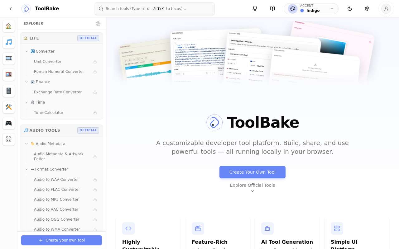 ToolBake - 写了个完全可自定义工具，支持图片视频音频处理的网页工具平台，也支持由 AI 快速生成工具
