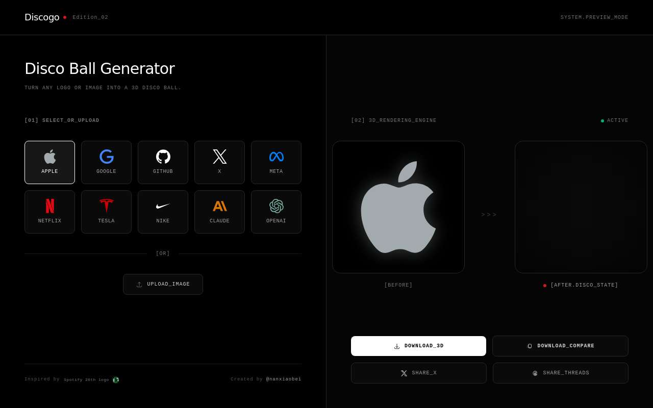 🪩 Discogo：受 Spotify 新 logo 启发开发了个新玩意，将任意 logo 或图片转为 3D 迪斯科球