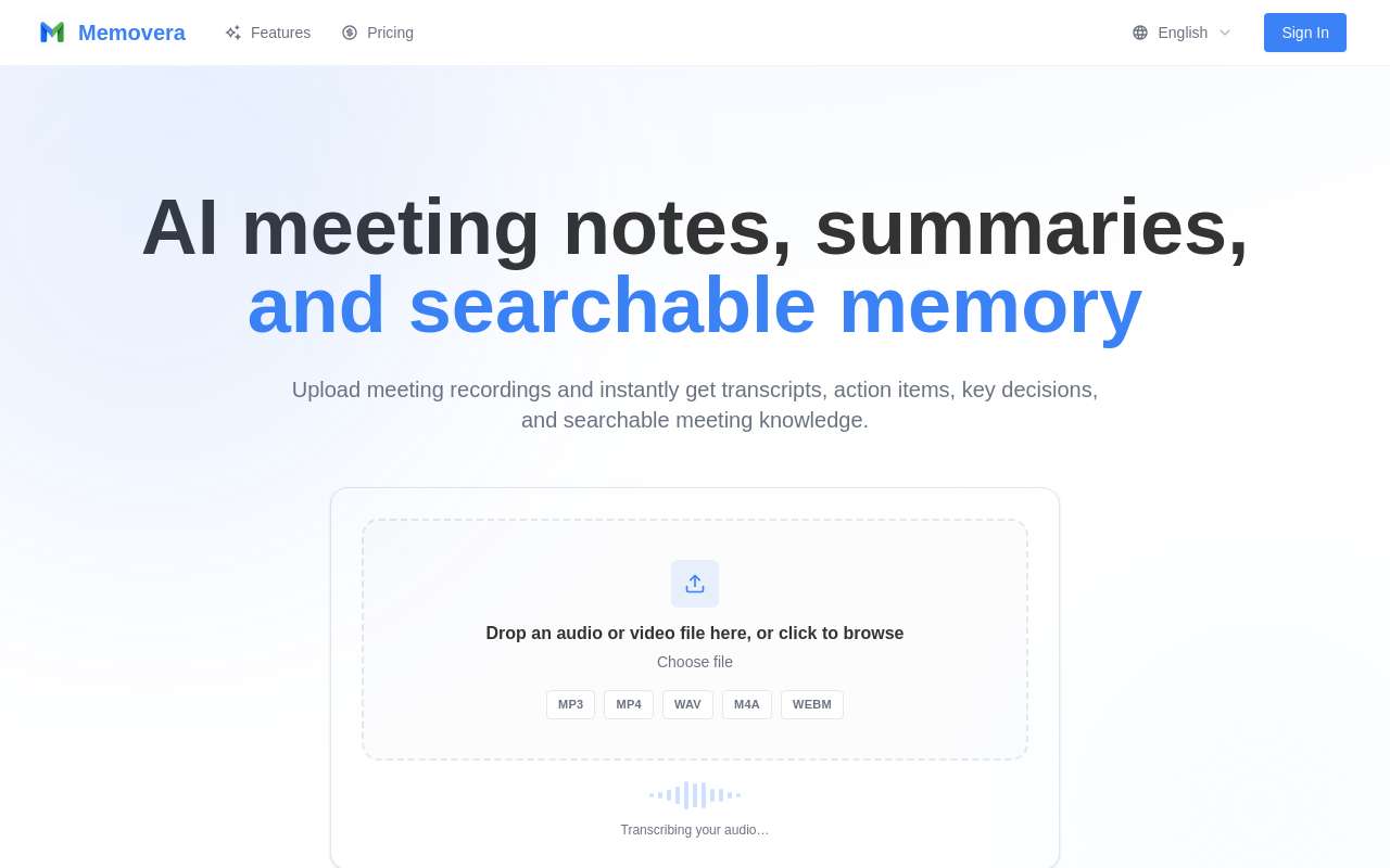 最近做了一个 AI 会议记录和播客转录工具： Memovera