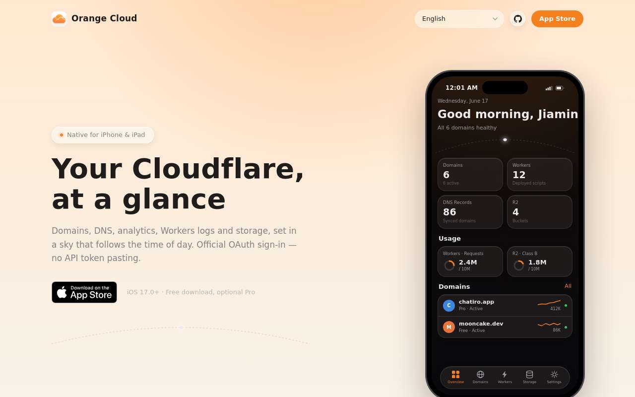 [发码] Orange-Cloud 上架了，一款开源的 OAuth 登录的 Cloudflare iOS 客户端