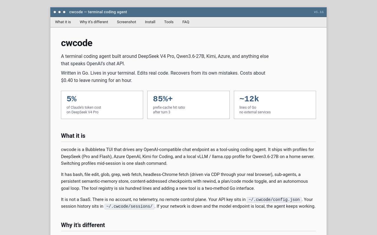原生基于 Golang 构建的编程智能体 - cwcode, 对于 Deepseek V4 pro 优化