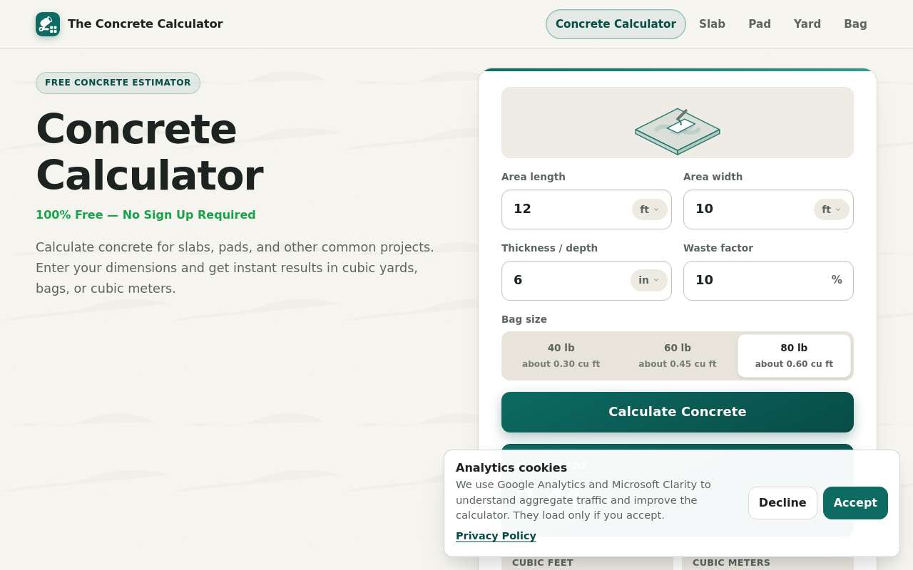 做了一个免费的 Concrete Calculator，帮 DIY 用户估算混凝土用量
