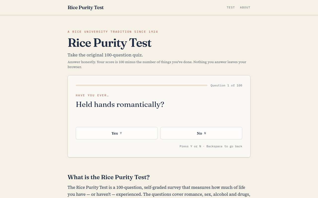 做了个英文小站: Rice Purity Test(美国大学生的“纯洁度测试”), Next.js 静态导出 + Cloudflare Workers