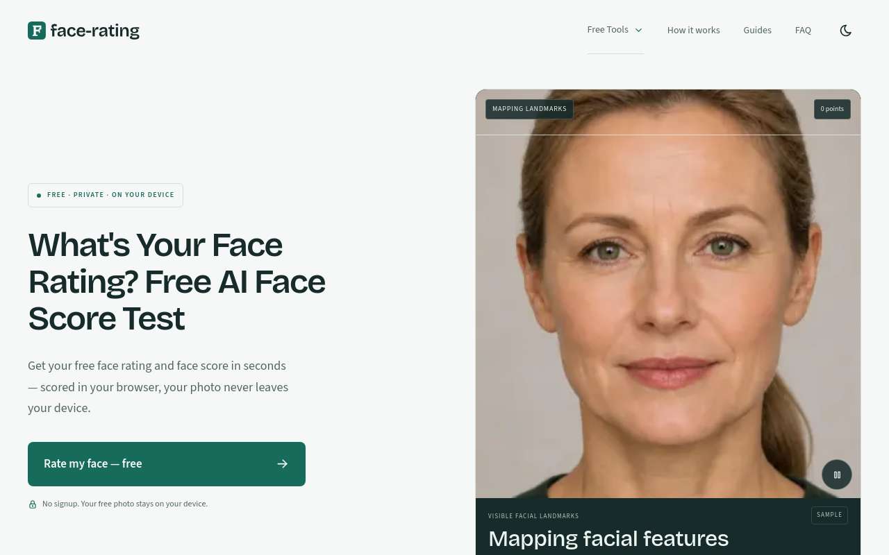 做了一个面部评分站 face-rating.net:模型在浏览器本地跑,照片全程不出设备,求拍砖